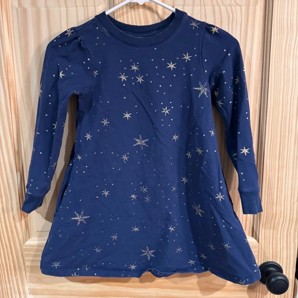 Hanna Andersson Girls Blue Silver Glitter Star Sweatshirt Dress‎ Size 120 US 6-7